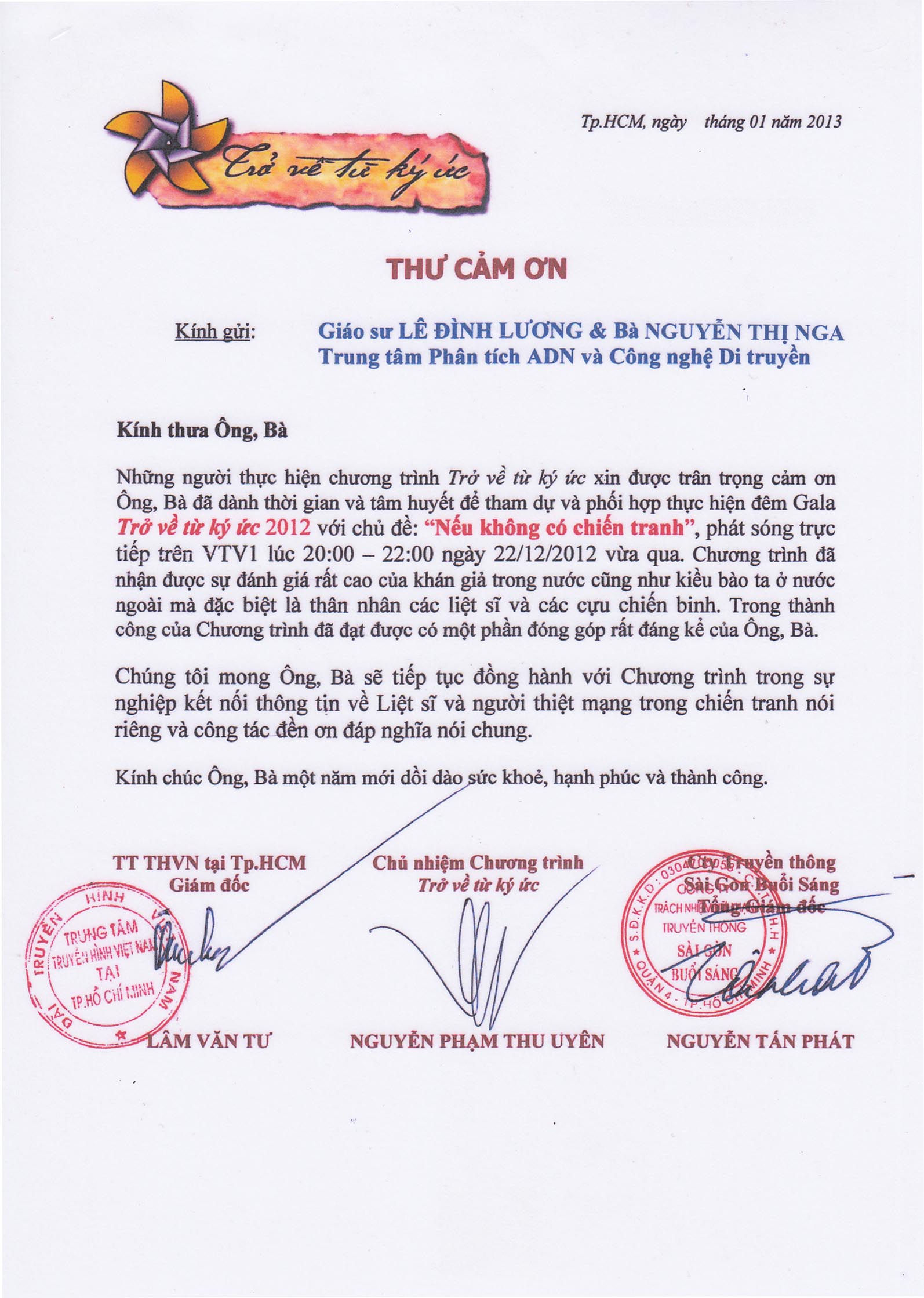 Thư cảm ơn của chương trình 